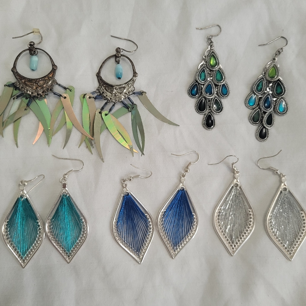 Lot of 5 Y2K Peacock Blue Turquoise Silver Toned Dangle Earrings Bundle - Picture 7 of 7